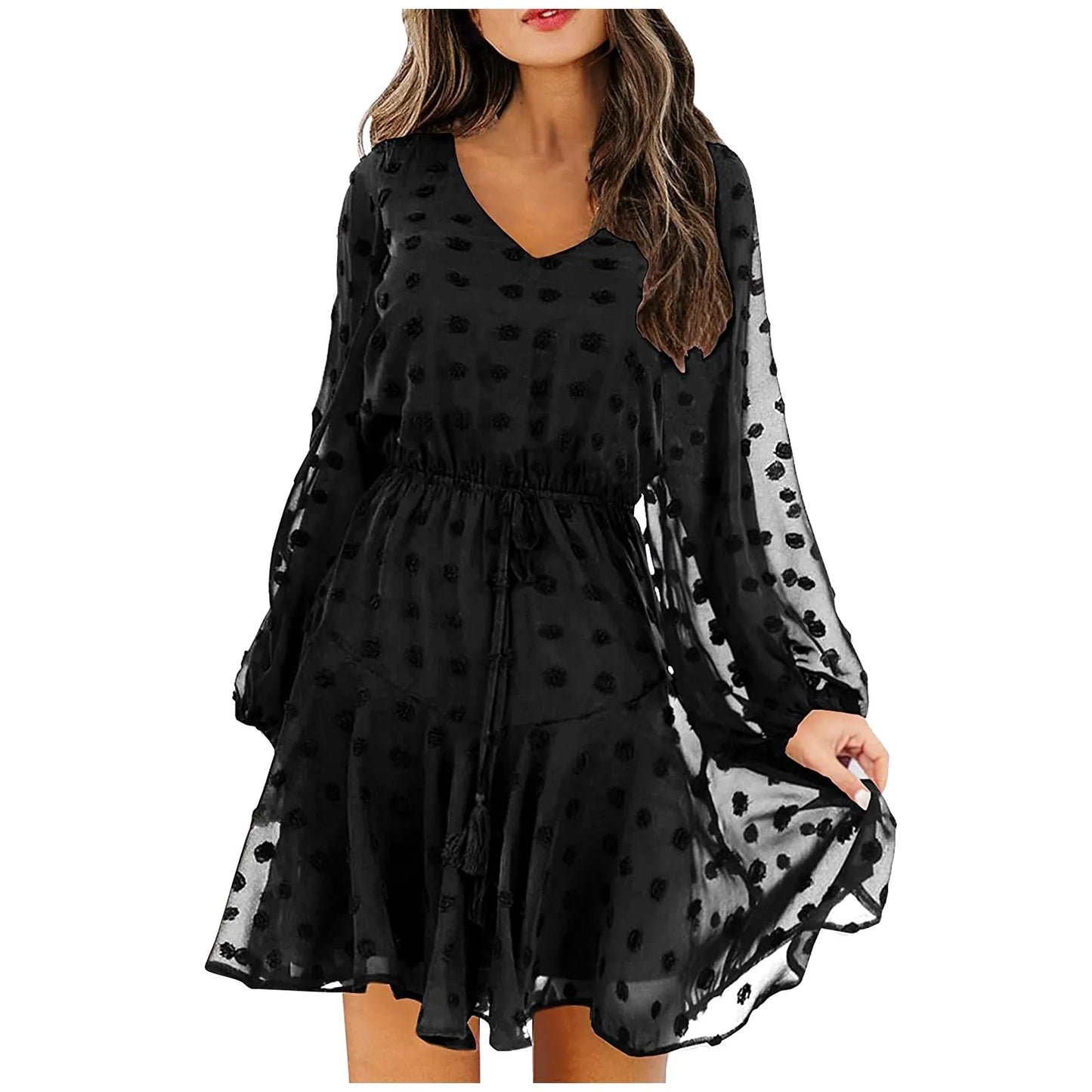 Long Sleeves V-Neck Flowy Mini Dress