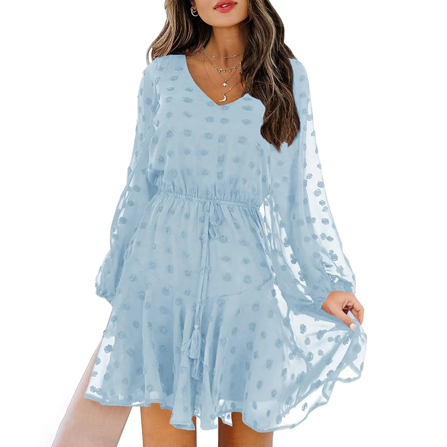 Long Sleeves V-Neck Flowy Mini Dress