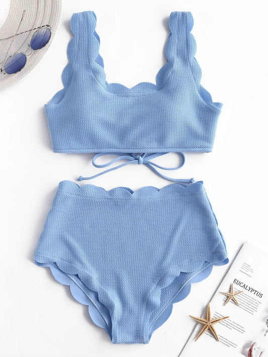 Solid Blue Two Pieces Swimsuit