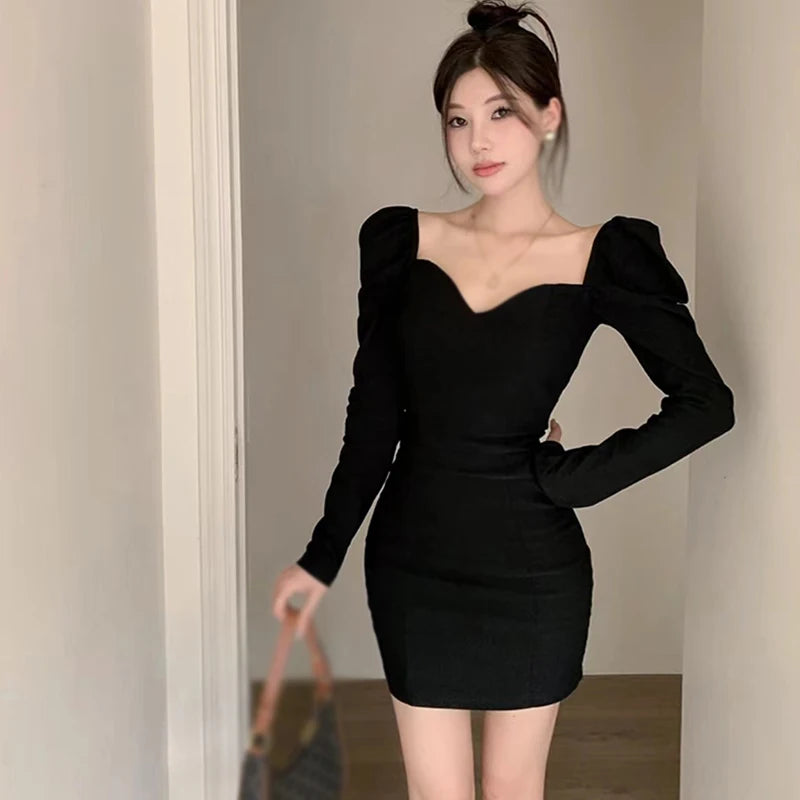 Slim V-Neck Puff Sleeve Dress