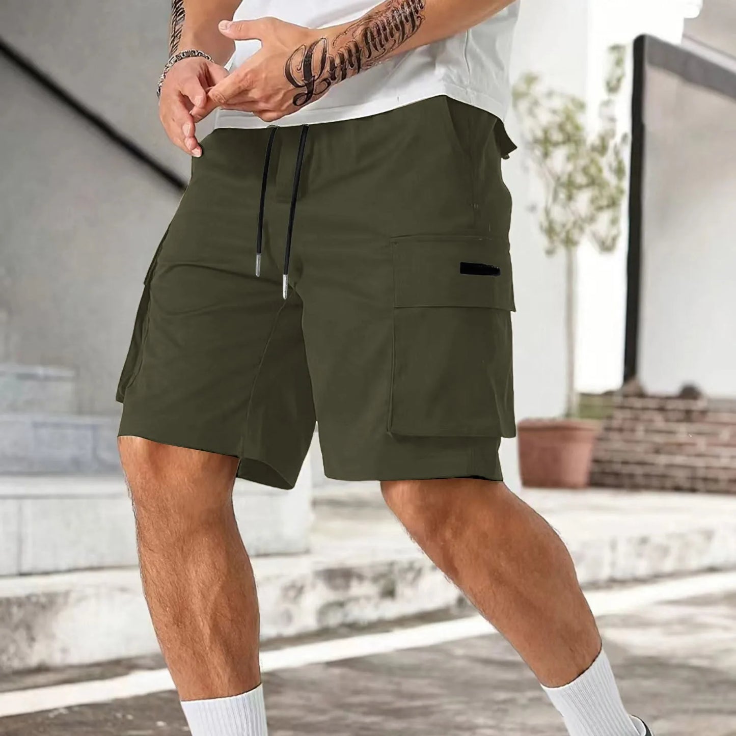 Drawstring Belted Pocket Cargo Shorts