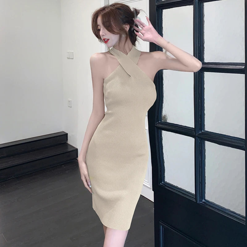 Solid Color Hollow-Out Halter Bodycon Dress