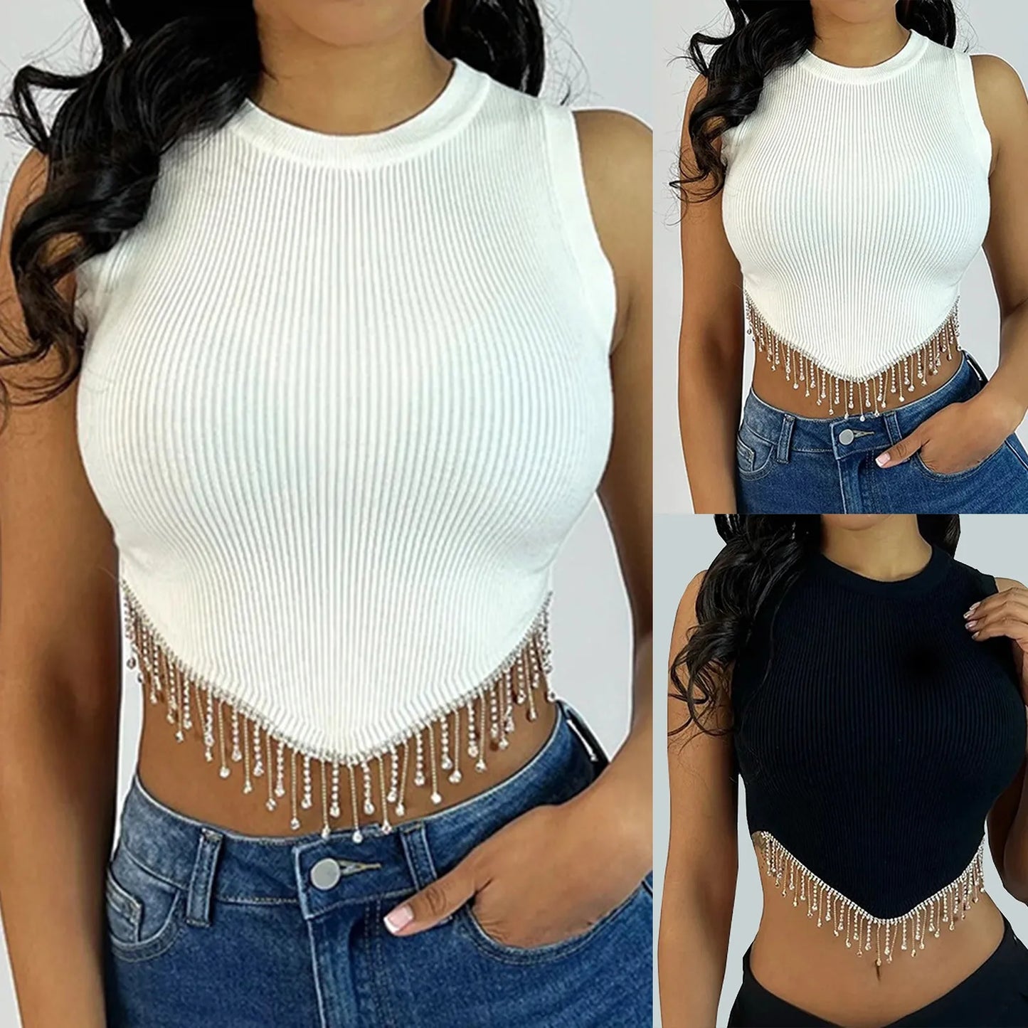 Sexy Black Rhinestone Tassels Crop Top