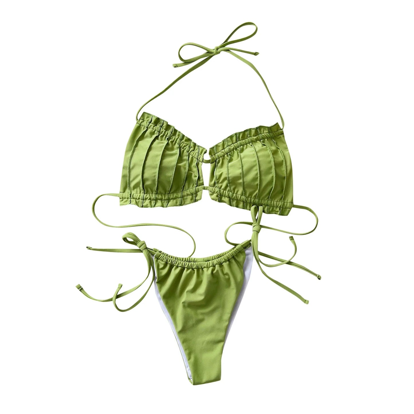 Green Pleated Bikini Set For