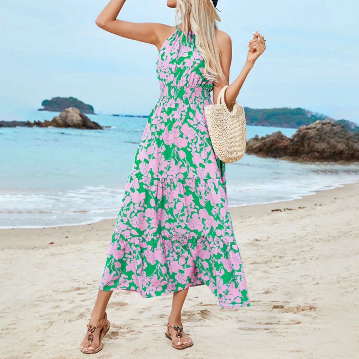 Elegant Floral Printed Spaghetti Strap Maxi Dress