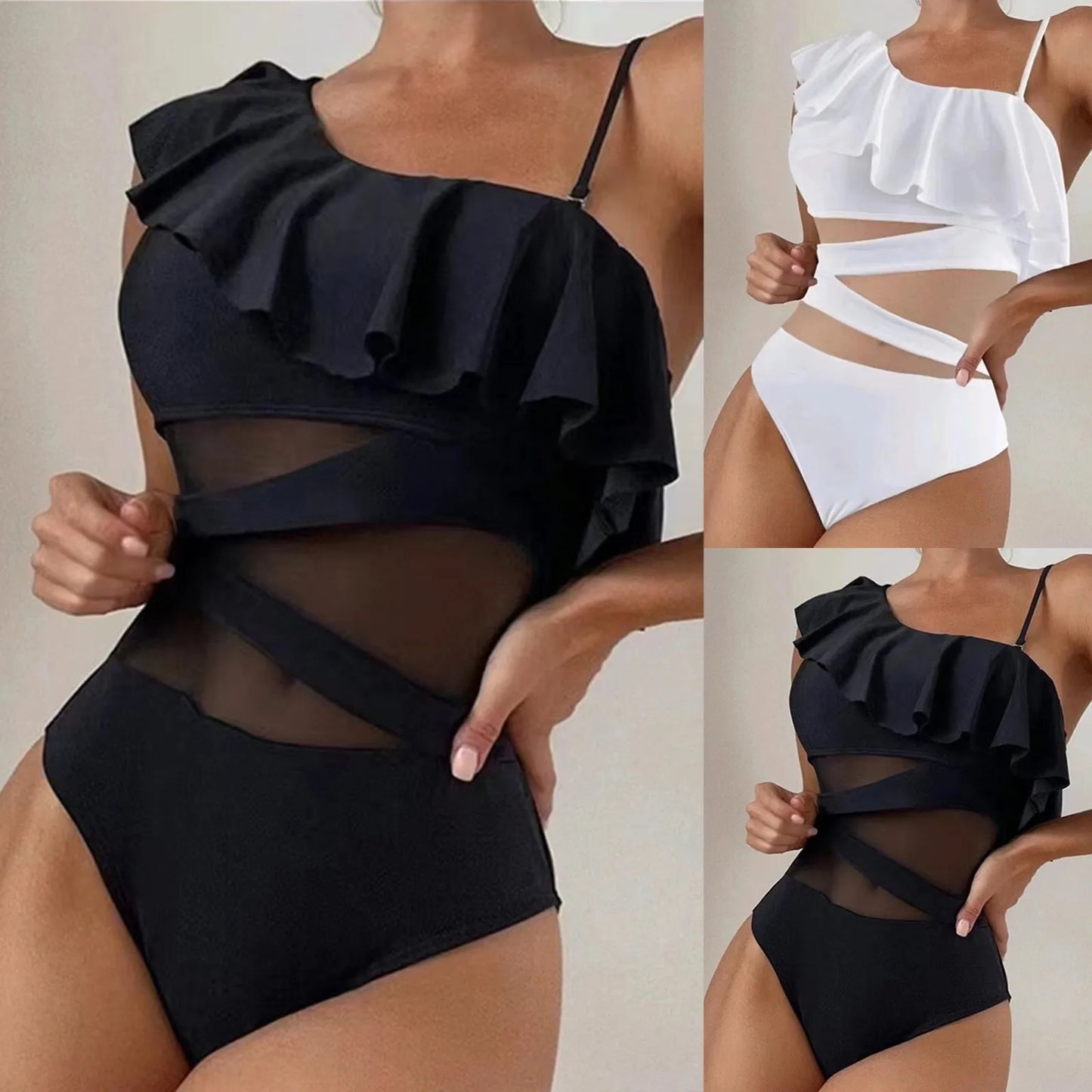 Leaf Mesh Swimwear Single Shoulder