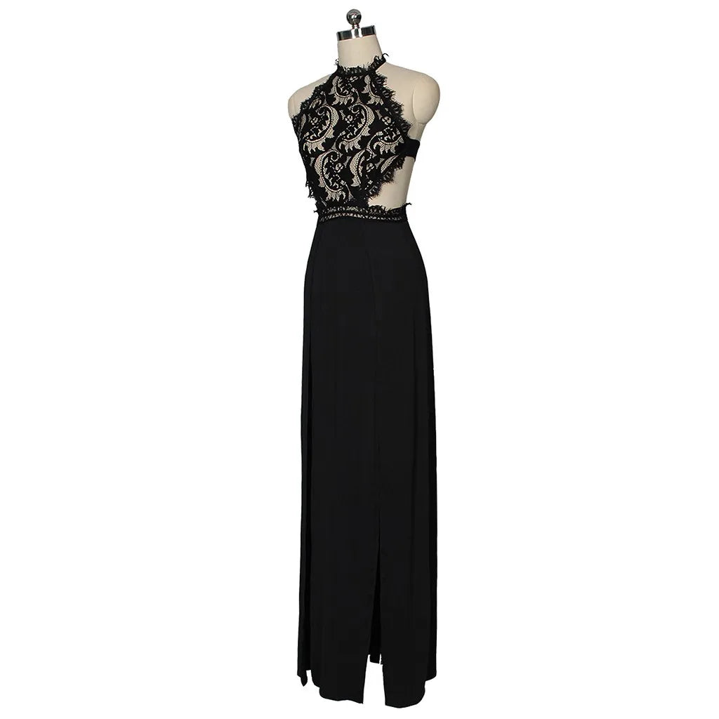 High-Split Lace Halter Neck Backless Maxi Dress