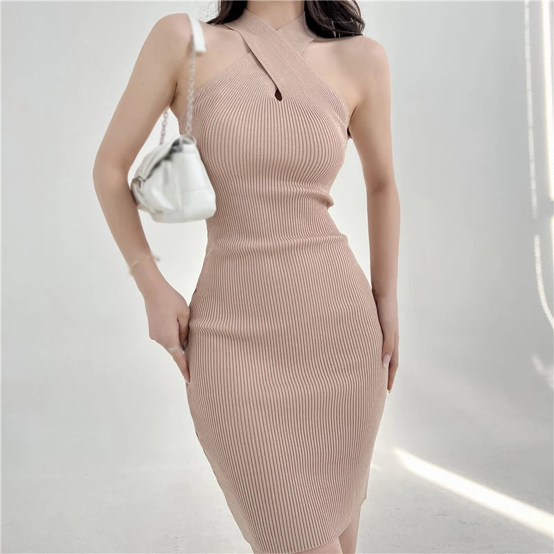 Solid Color Hollow-Out Halter Bodycon Dress