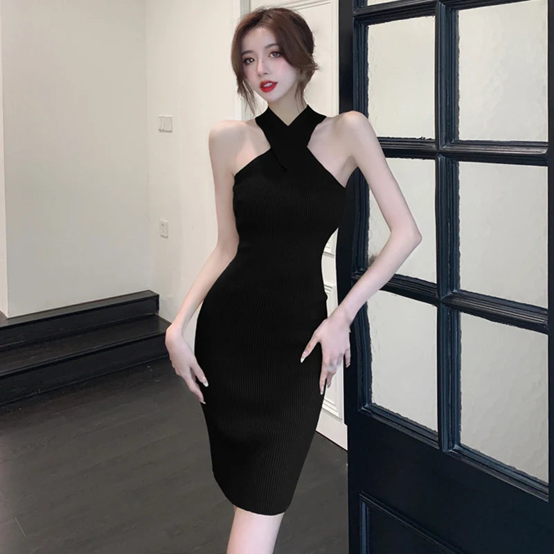 Solid Color Hollow-Out Halter Bodycon Dress