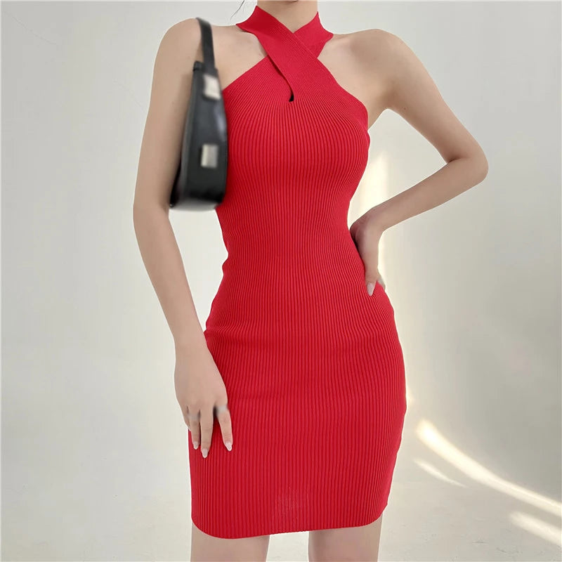 Solid Color Hollow-Out Halter Bodycon Dress