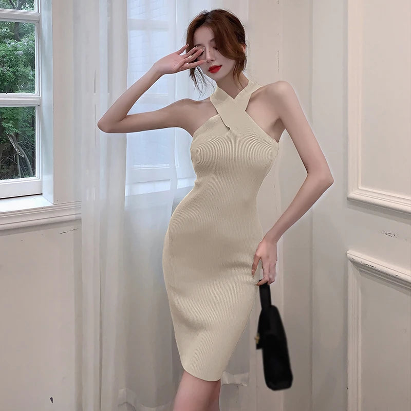 Solid Color Hollow-Out Halter Bodycon Dress