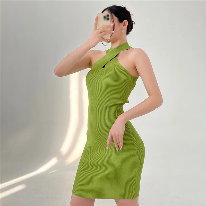 Solid Color Hollow-Out Halter Bodycon Dress