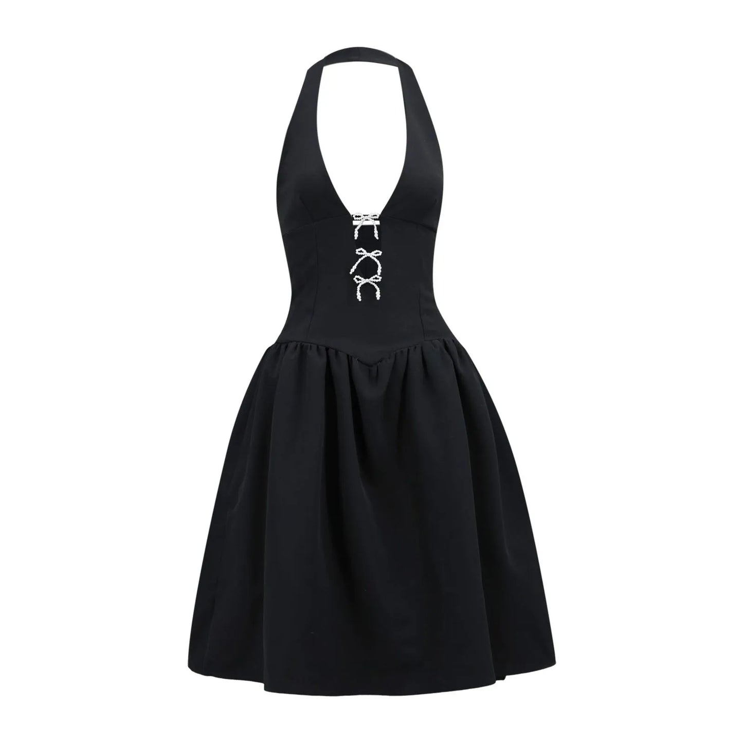 Sexy Bow Hollow-Out Deep V Black Dress