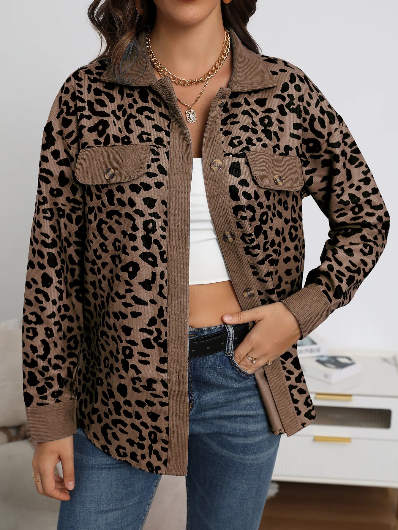 Leopard Printed Long Sleeve Coat