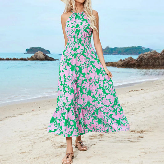 Elegant Floral Printed Spaghetti Strap Maxi Dress