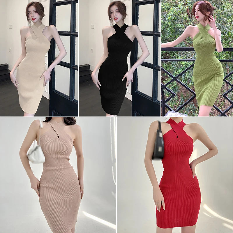 Solid Color Hollow-Out Halter Bodycon Dress