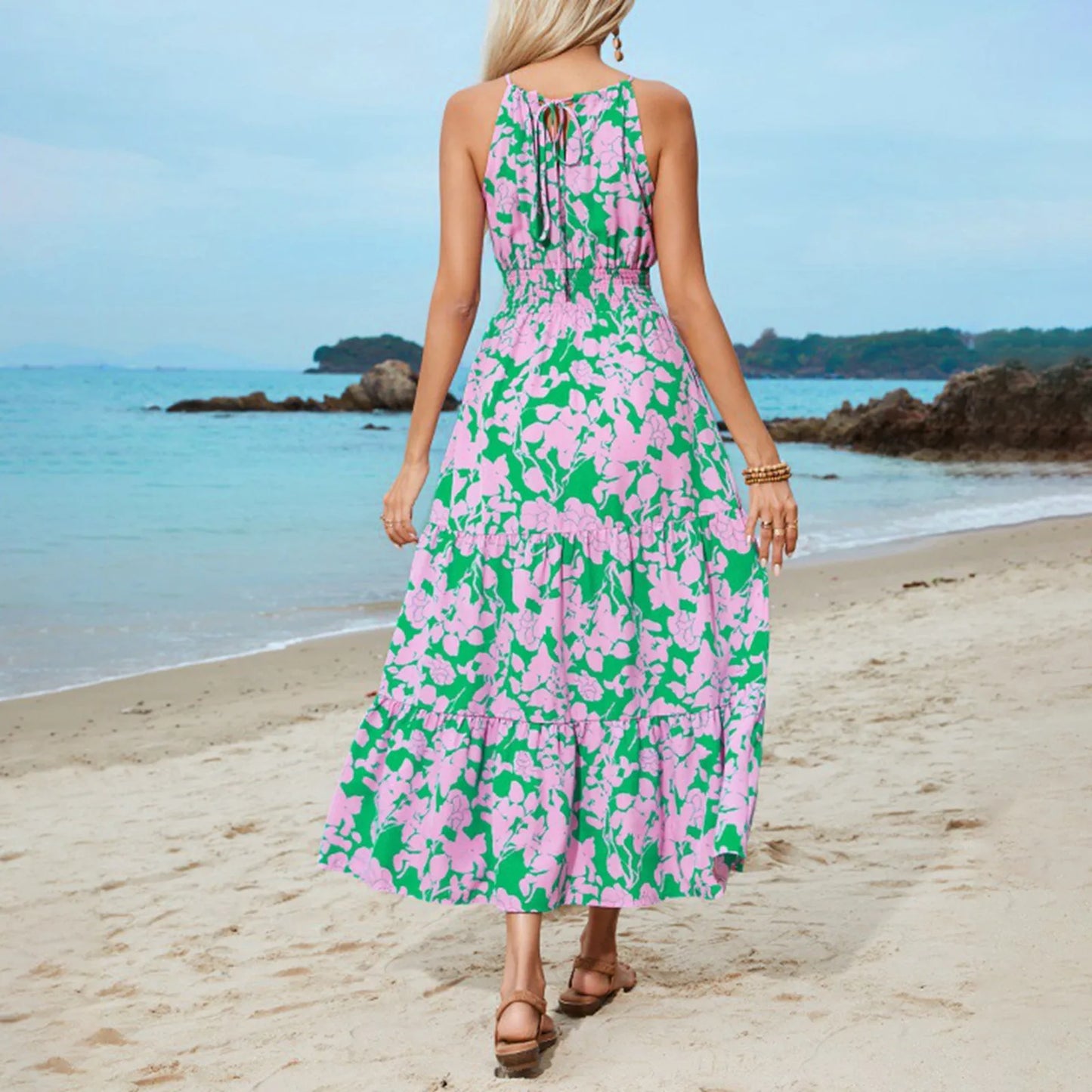 Elegant Floral Printed Spaghetti Strap Maxi Dress