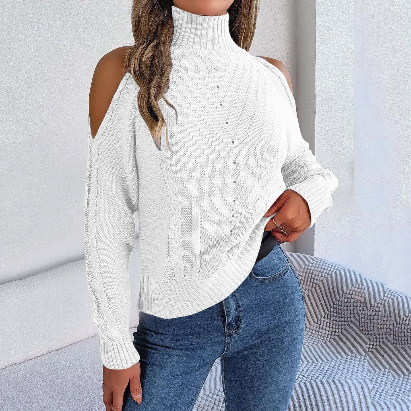 Elegant Turtleneck Cold Shoulder Sweater