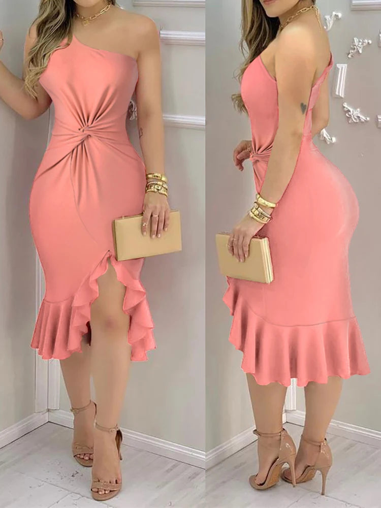 One Shoulder Ruffle Hem Dress