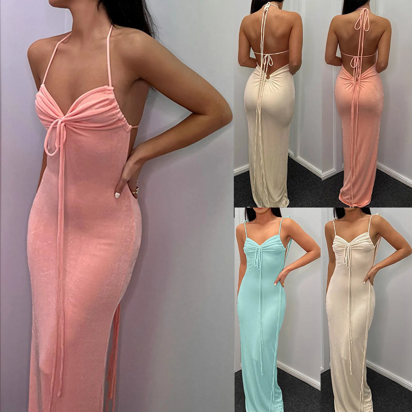 Sexy Spaghetti Strap Ribbed Knot Maxi Dress