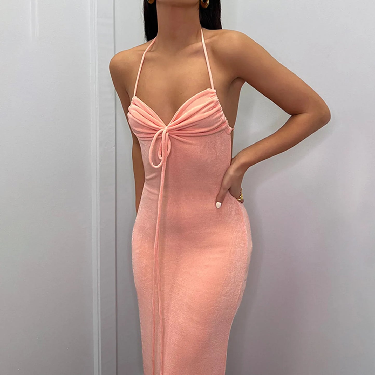 Sexy Spaghetti Strap Ribbed Knot Maxi Dress