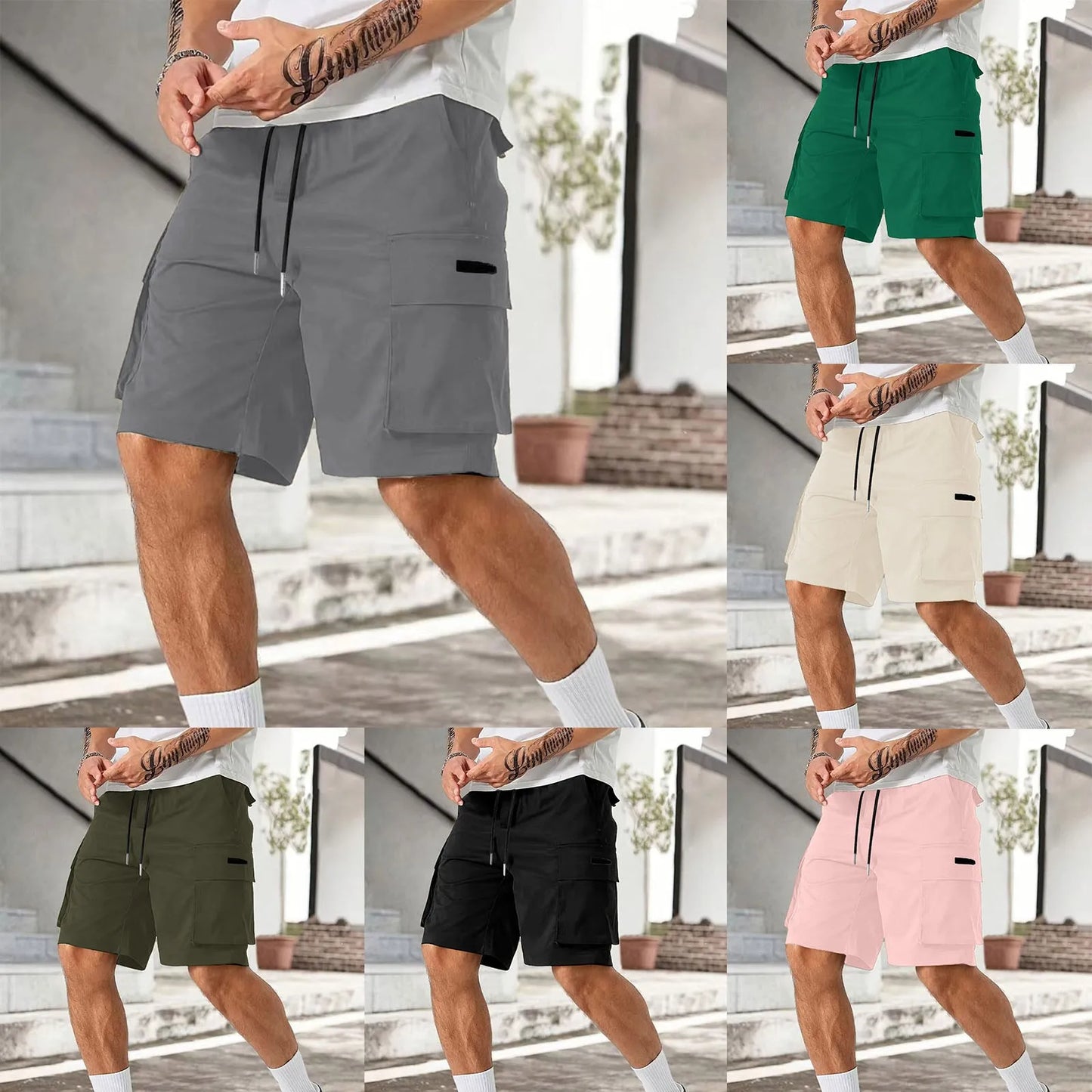 Drawstring Belted Pocket Cargo Shorts