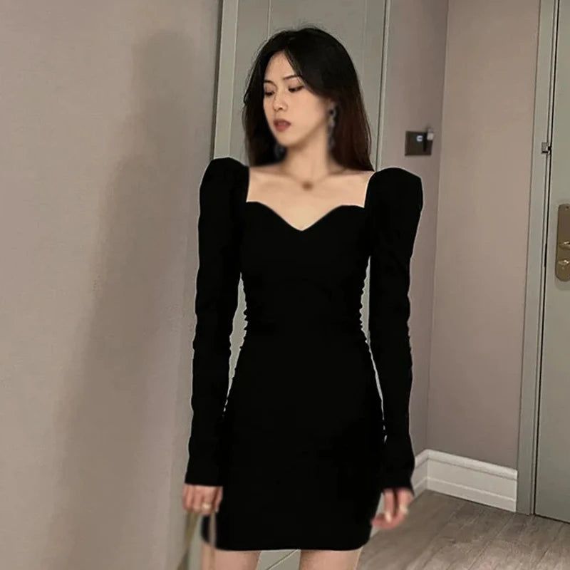 Slim V-Neck Puff Sleeve Dress