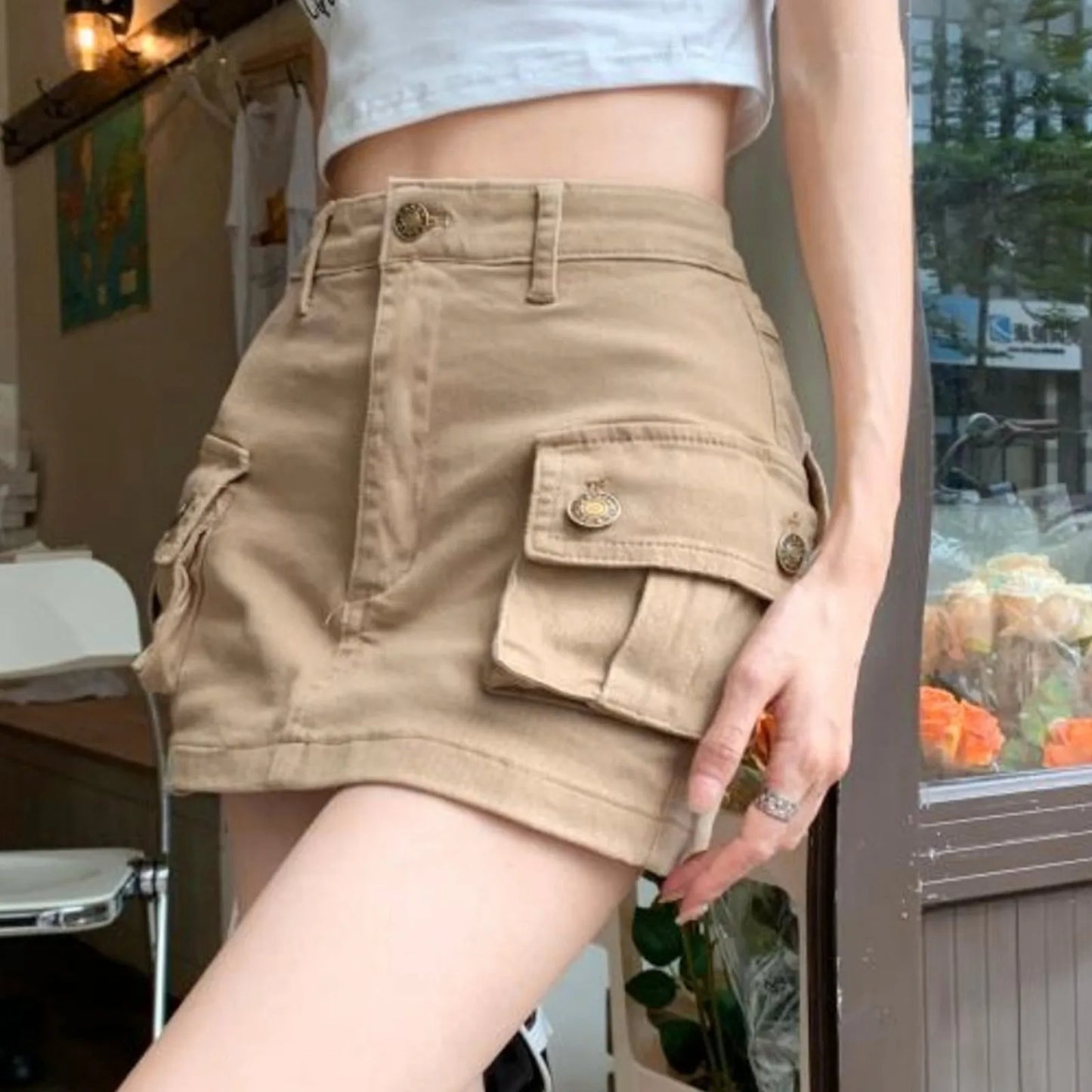 Khaki Denim Cargo Mini Skirt