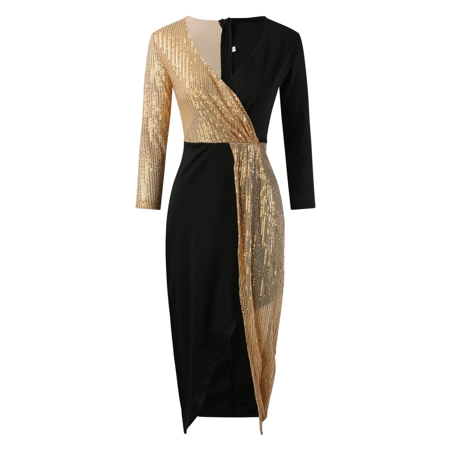 Black and Golden Sequined Evening Dress