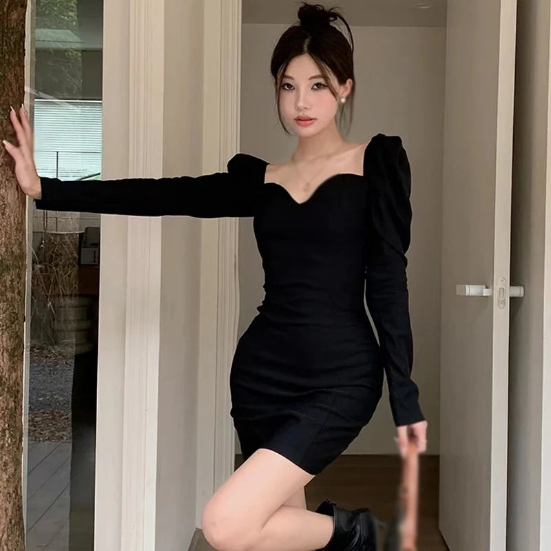 Slim V-Neck Puff Sleeve Dress