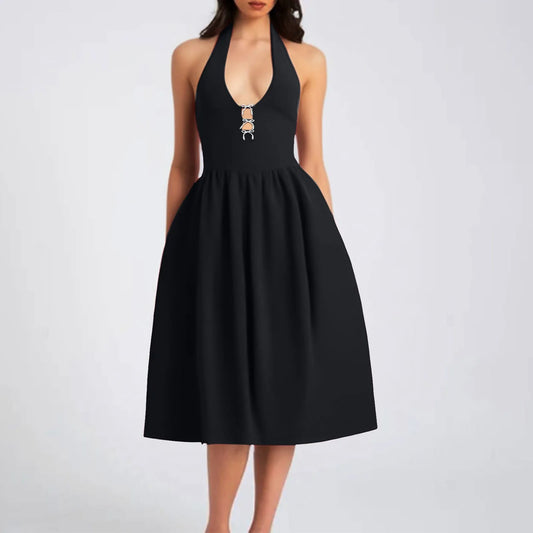 Sexy Bow Hollow-Out Deep V Black Dress