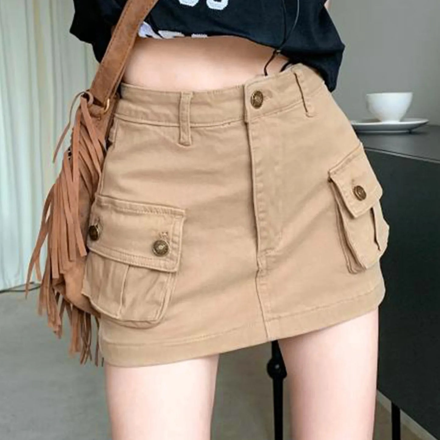 Khaki Denim Cargo Mini Skirt