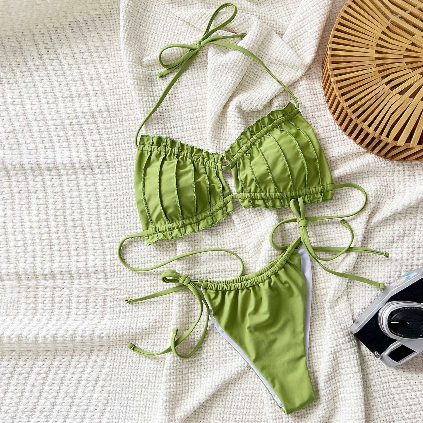 Green Pleated Bikini Set For