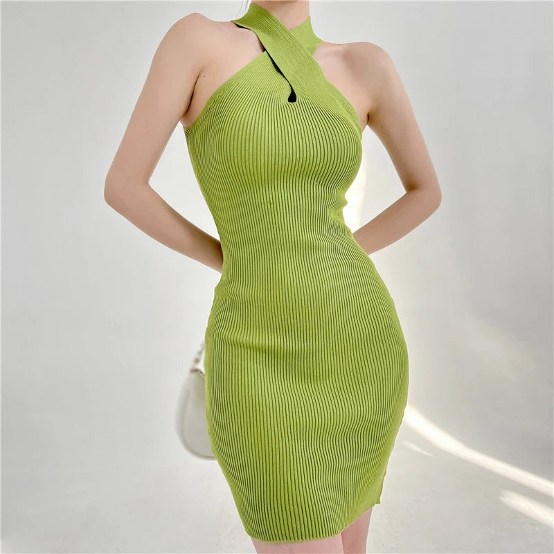 Solid Color Hollow-Out Halter Bodycon Dress