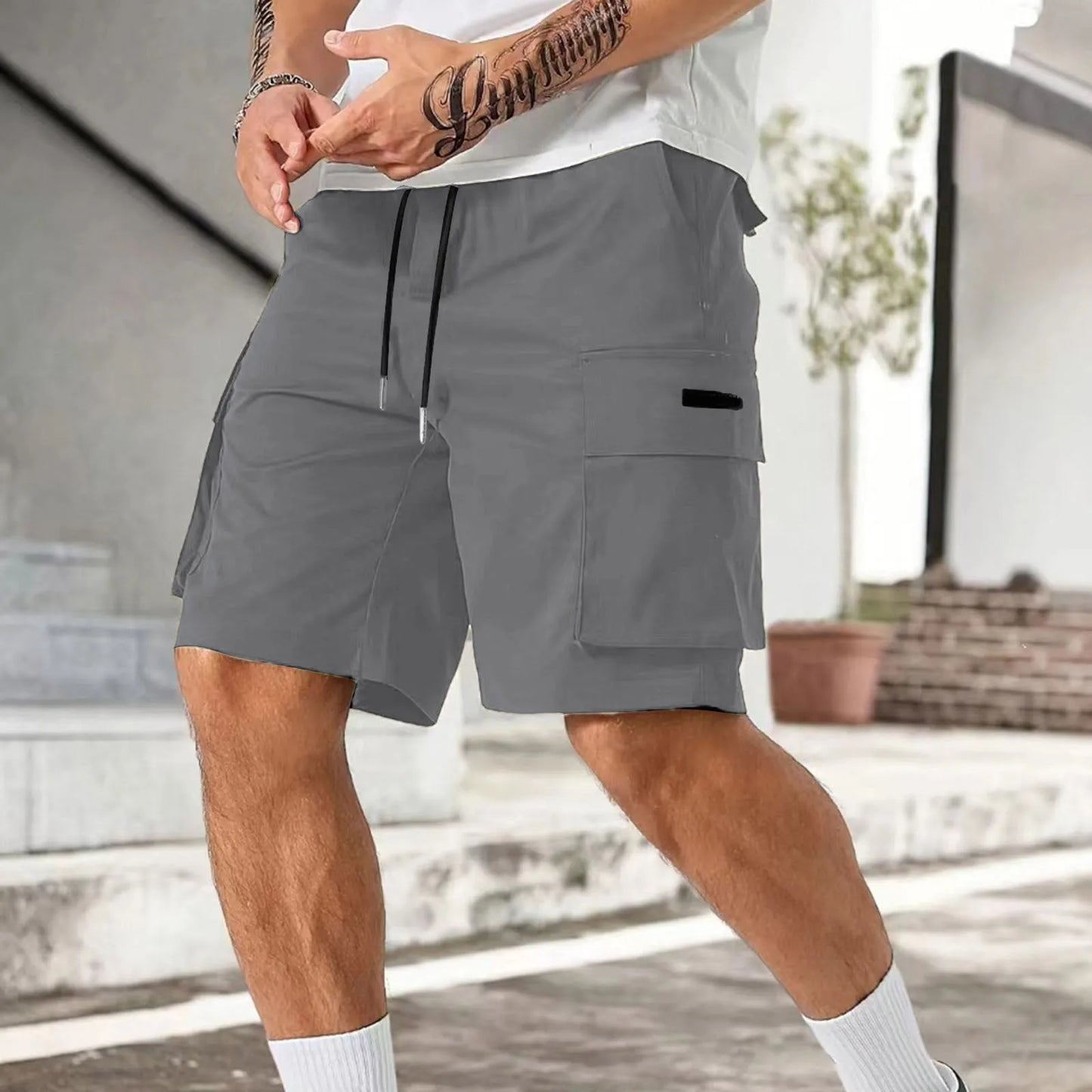 Drawstring Belted Pocket Cargo Shorts