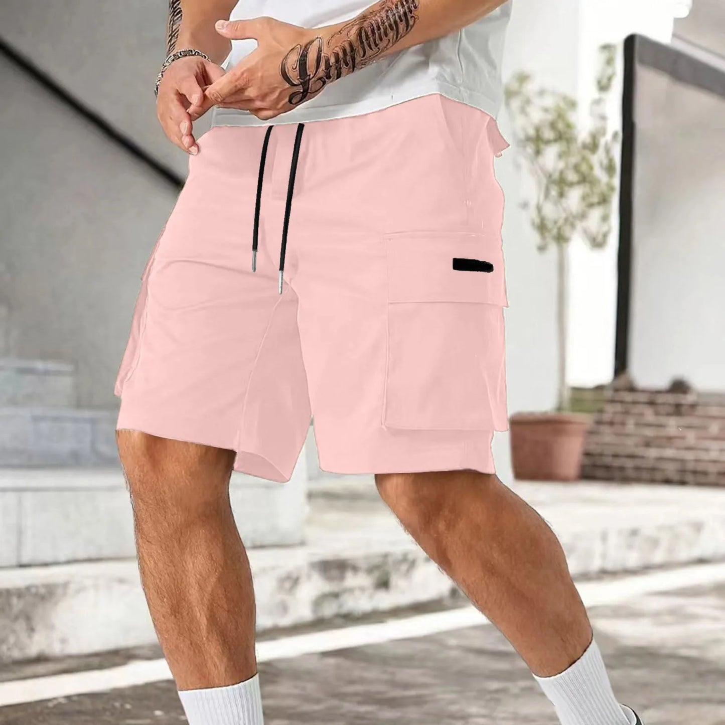 Drawstring Belted Pocket Cargo Shorts