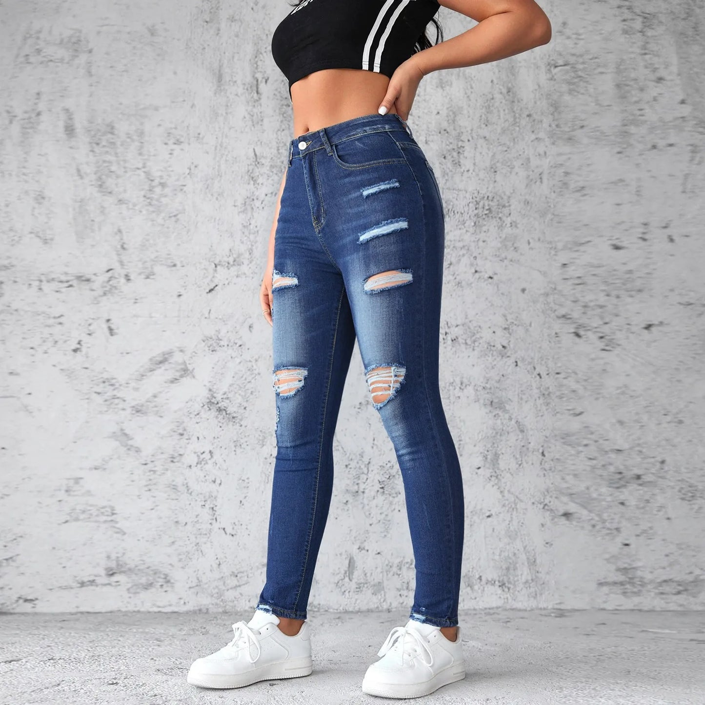 Ripped Elastic Distressed Trousers