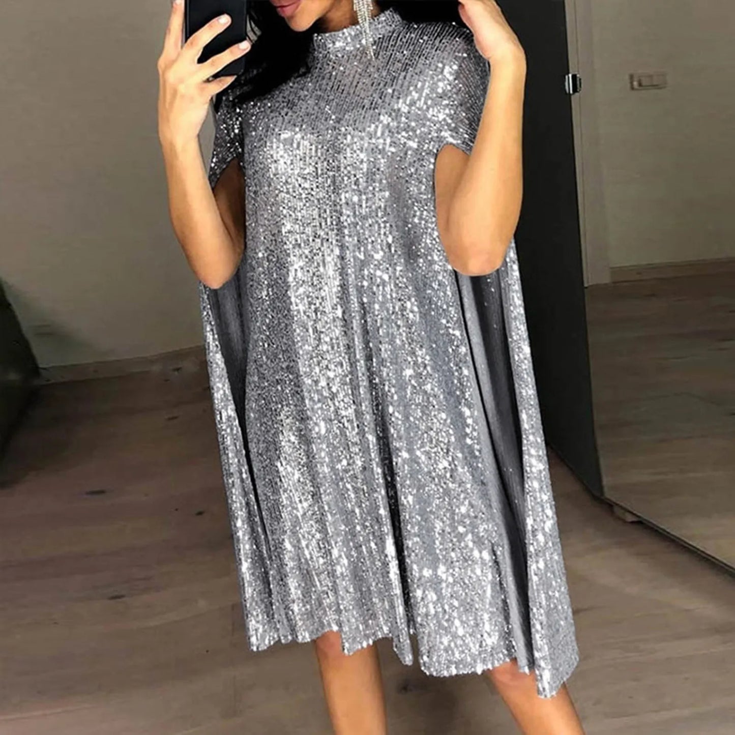 Fashion Sliver Sequins Cloak Dress