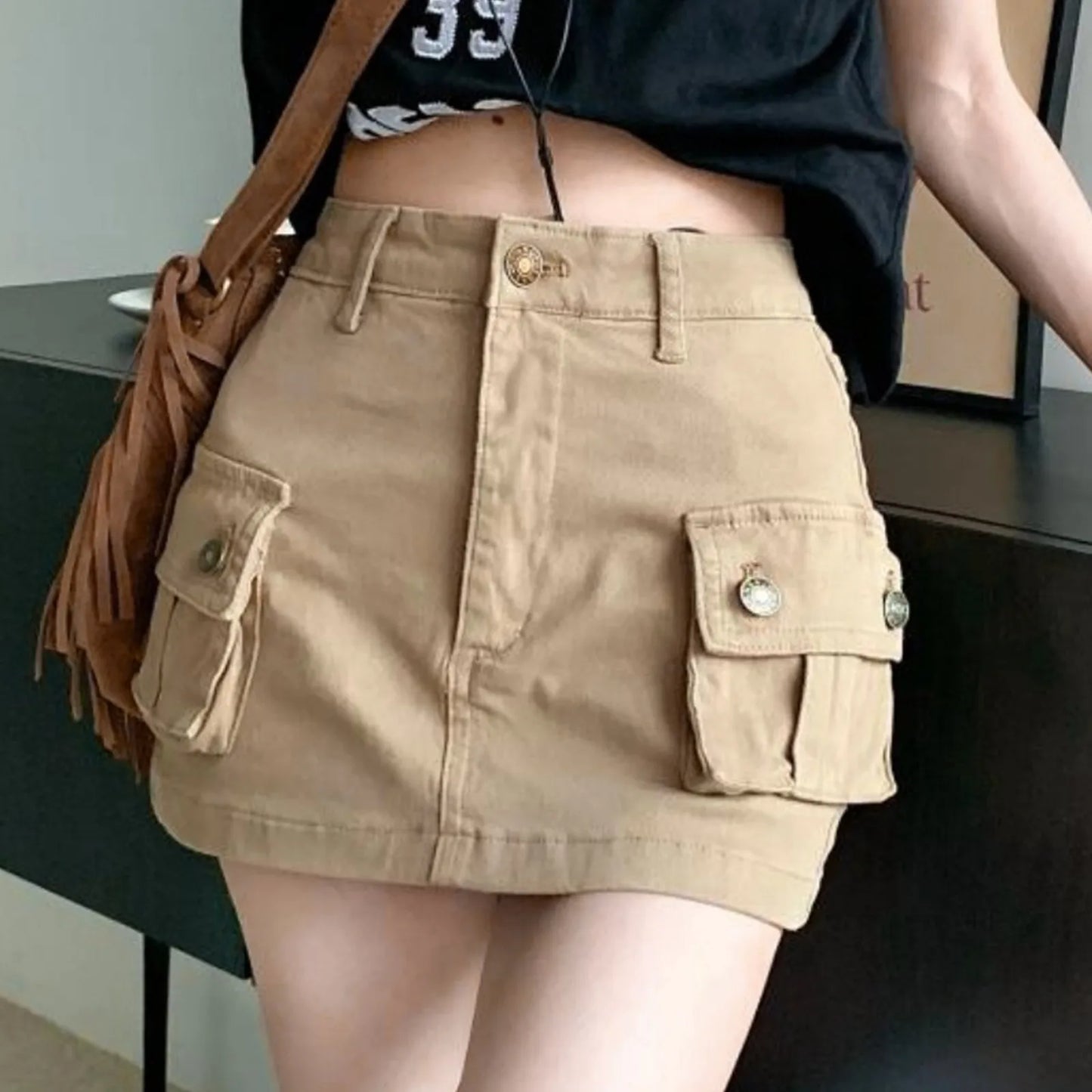 Khaki Denim Cargo Mini Skirt